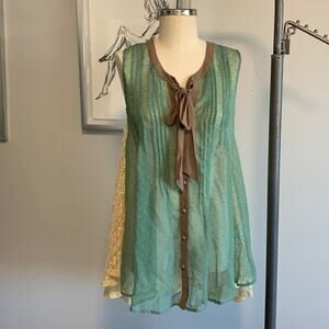 Ryu Sheer Lace Ruffle Green Brown Shirt Dress Boho Fairy Small New with Tags